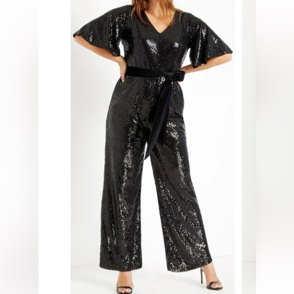 Eloquii Black Sequin Flare Sleeve & Wide Leg Jumpsuit